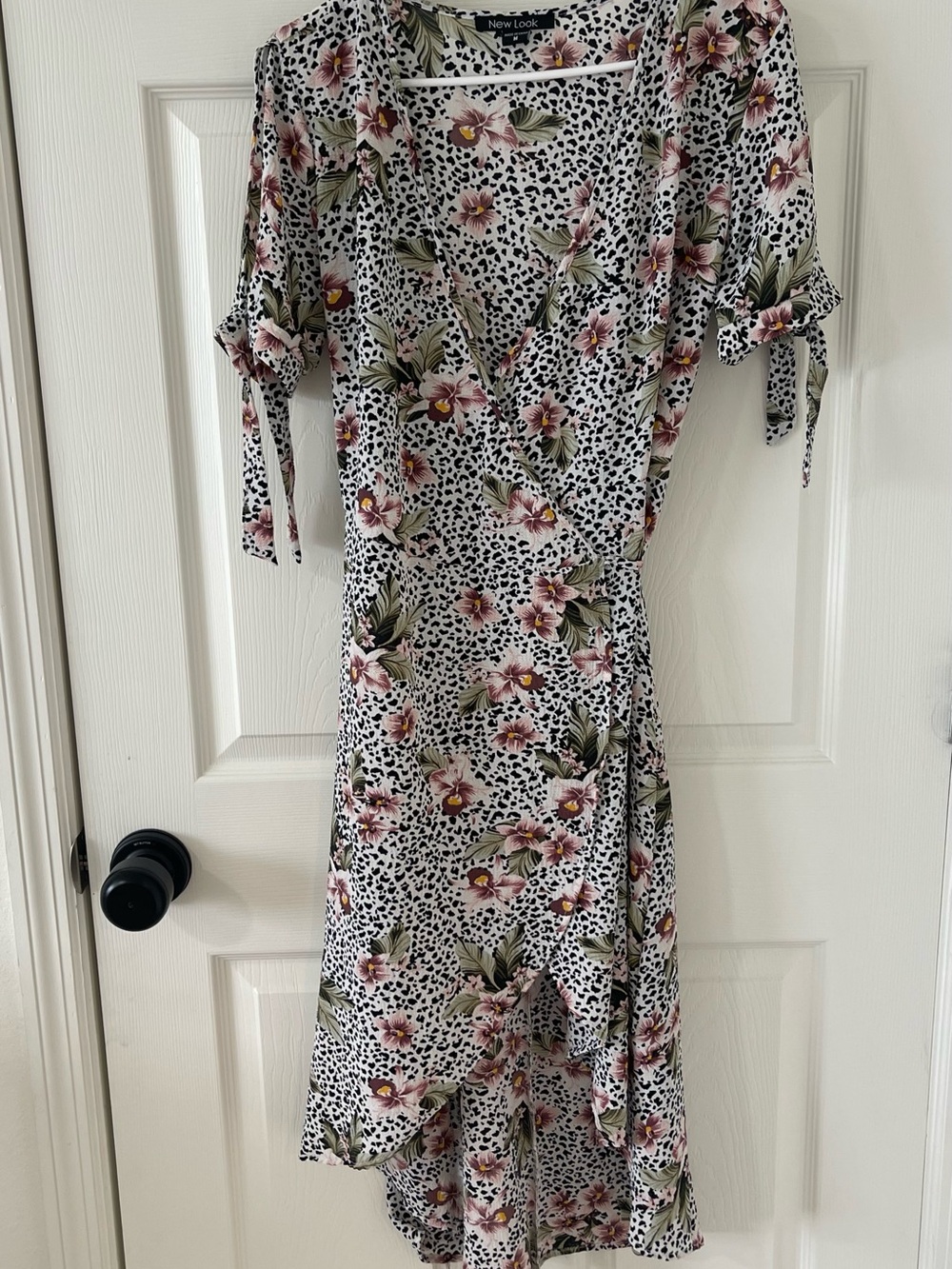 New Look White Midi Wrap Dress with Pink Floral Print and Black Speckle